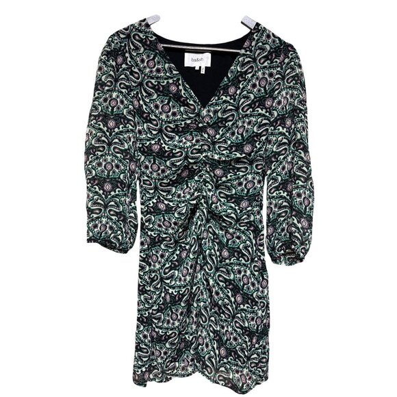 ba&sh Robe Fanny Women's Dress Mini Paisley V-Neck Ruched Viscose Small NEW - Picture 2 of 13